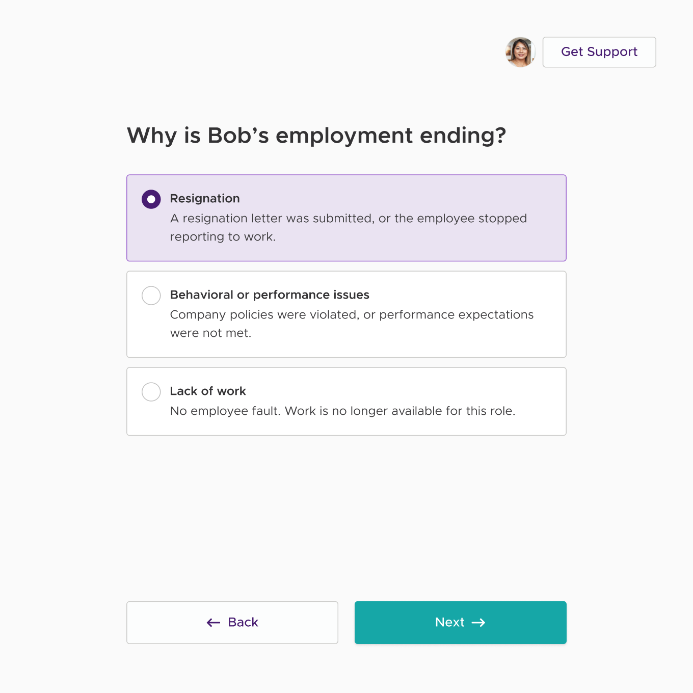 Termination Reason Selection
