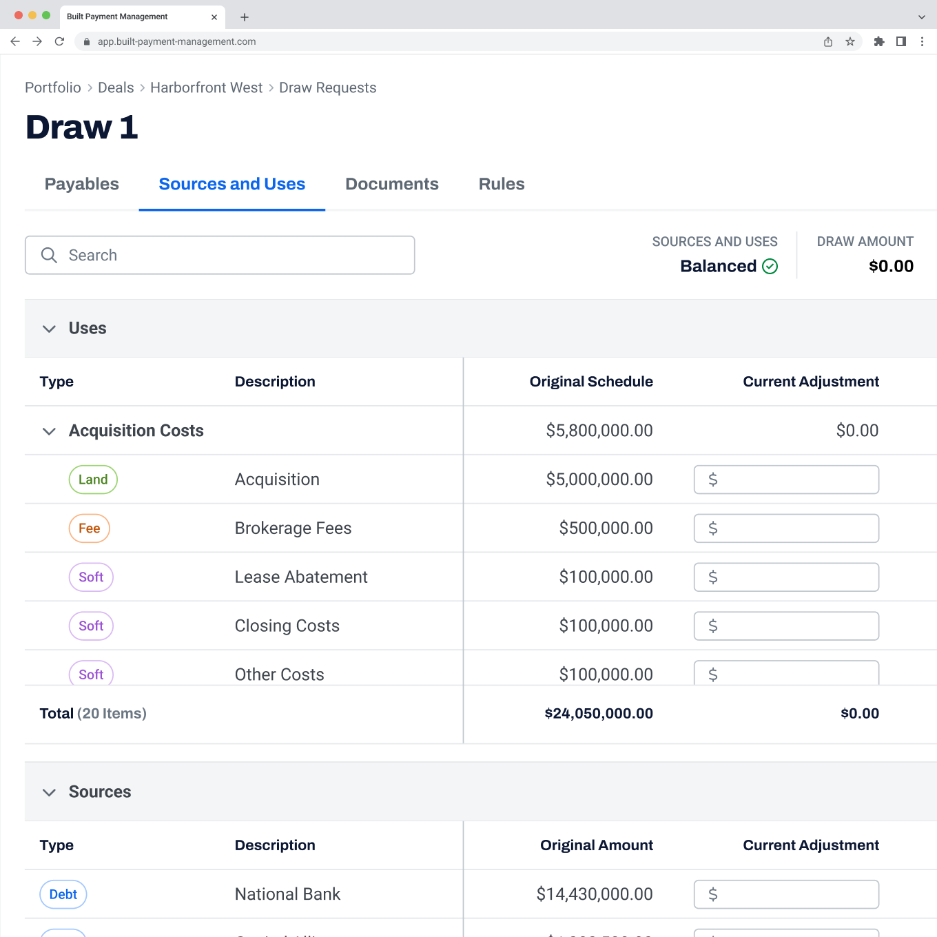 Sources and Uses Detail - Developer view