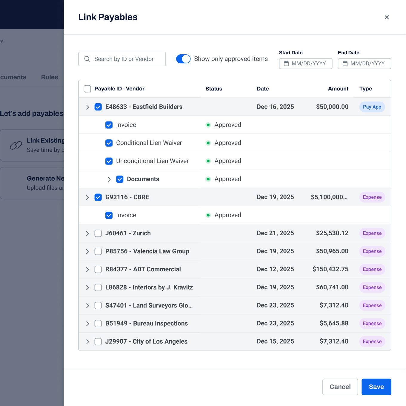 Link Payables Side Panel