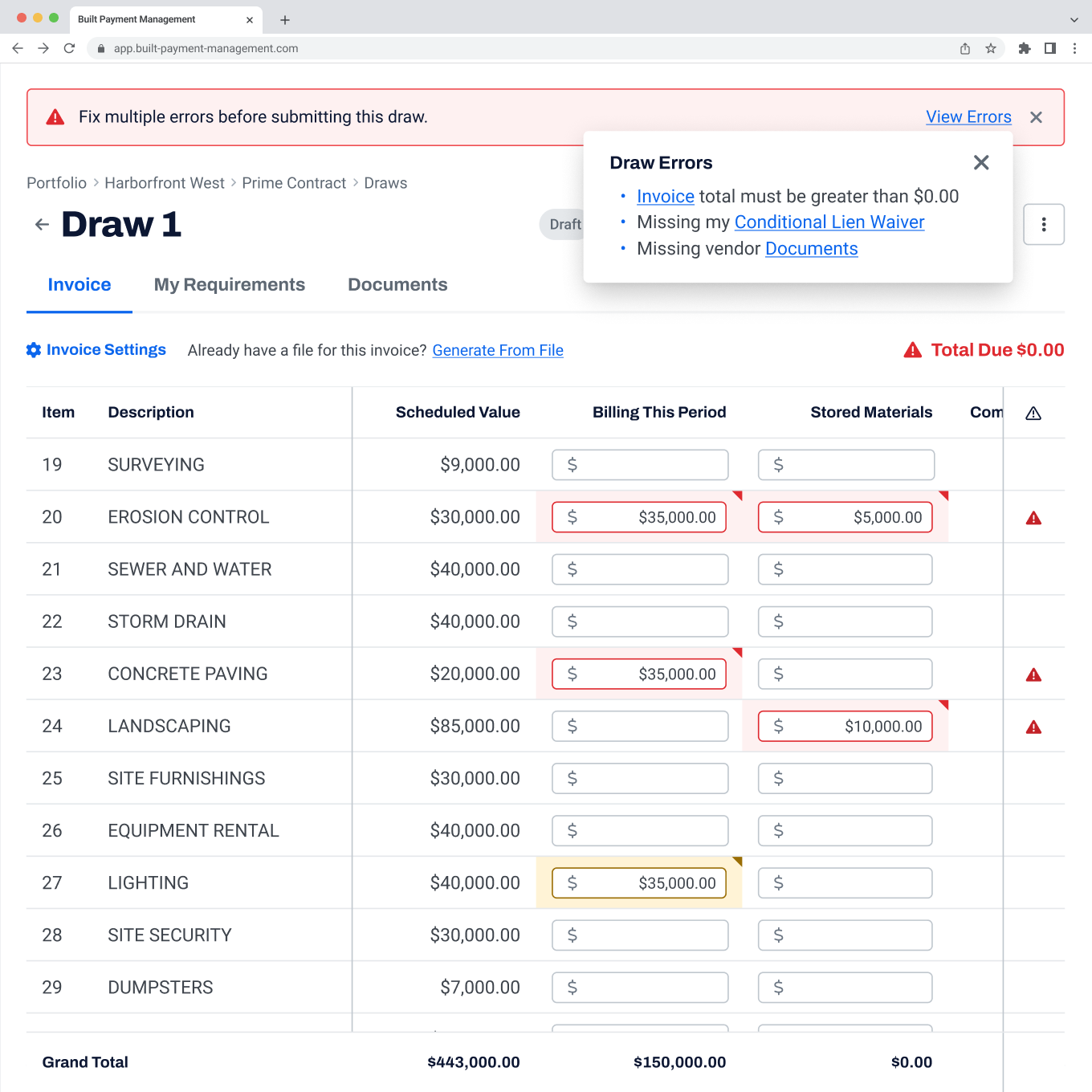 Draw Error Prevention - General Contractor view